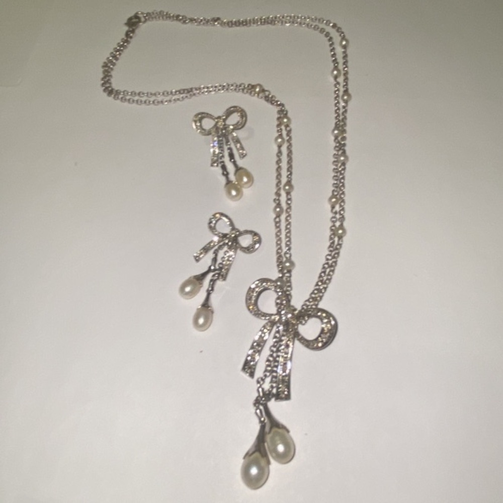925 SILVER SET RIBBON BOW DROP NECKLACE & EARRINGS with DIAMONDS & PEARL ACCENTS